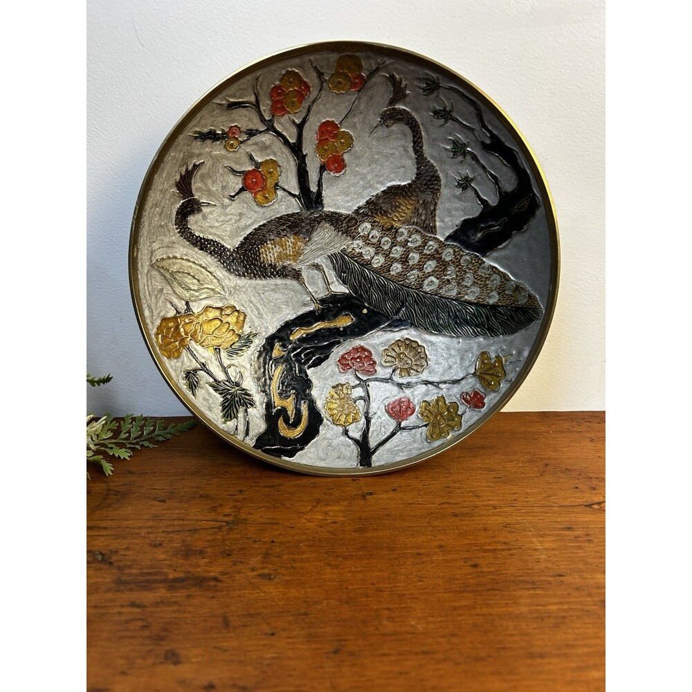 Vintage Cloisonne Enameled Brass Footed Bowl Peacocks & Flowers 9"